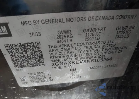 2019 Chevrolet Equinox Lt из США, поврежденный, VIN 2GNAXKEVXK6165264